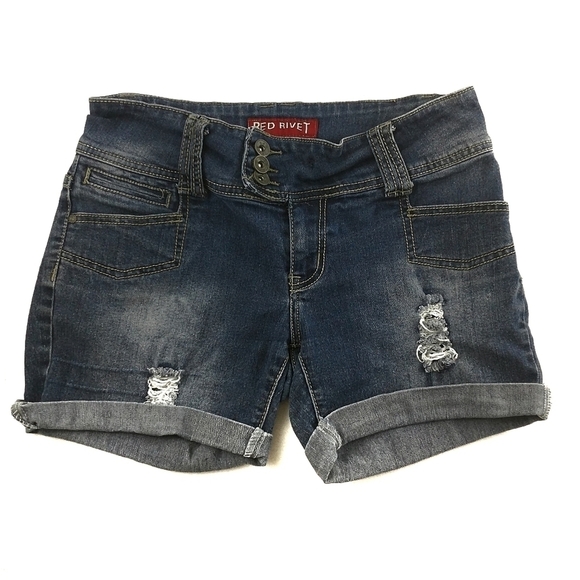RED RIVET JEAN SHORTS - Picture 1 of 6